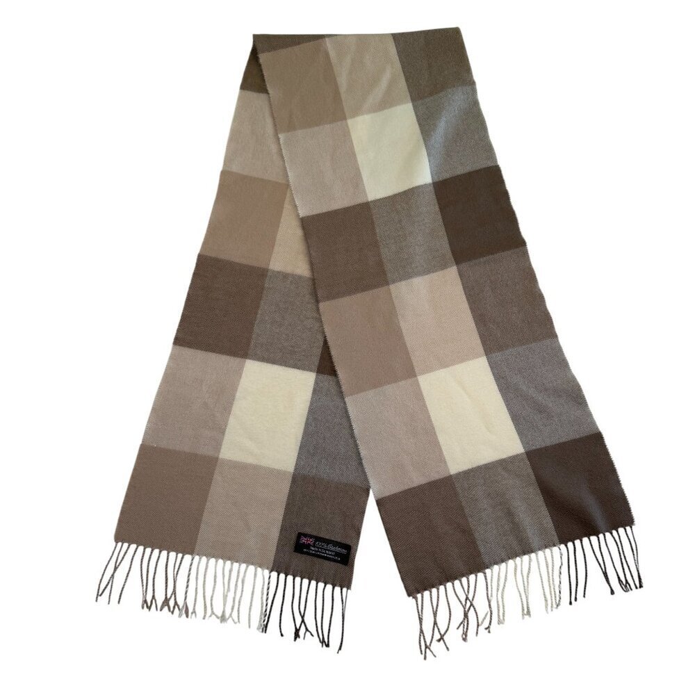 100% Cashmere Wool Plaid Scarf Muffler Tan Brown Scotland